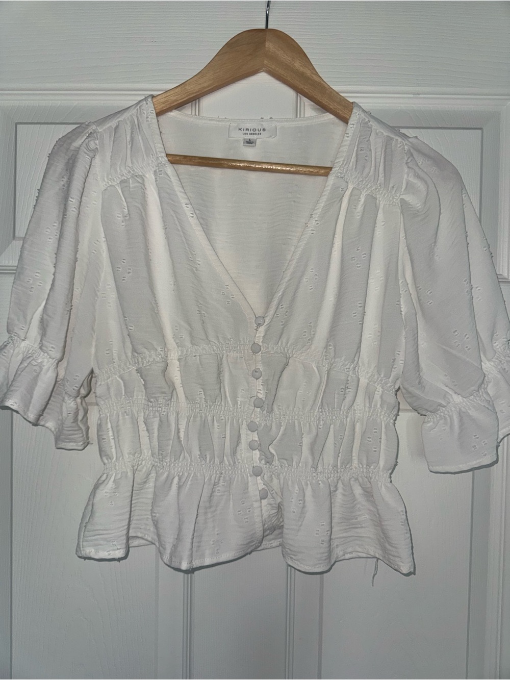 Kirous White Button-Front Smocked Peplum Crop Top